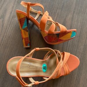 Manuela Mendonza color block sandals platform heels sz 8 NWT orange suede shoes